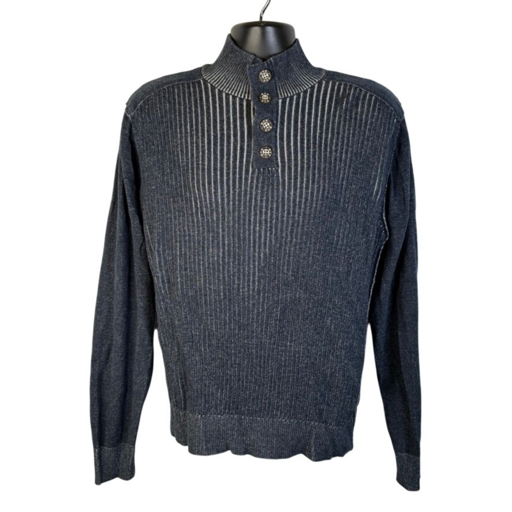 BKE Mens Mock Neck Button Pullover Sweater Blue Ribbed 100% Cotton Large Preppy